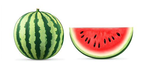 Whole Fresh Watermelon and Juicy Slice with Seeds