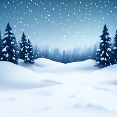 Naklejka premium Snowy winter landscape with snow-covered fir trees and gently rolling hills under a twilight sky.