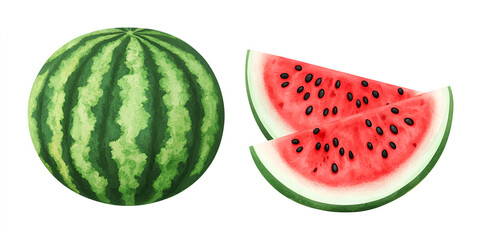 Whole Fresh Watermelon and Juicy Slice with Seeds