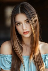 Fototapeta premium Beautiful Young Woman with Long Brown Hair Fashion Portrait Beauty Model