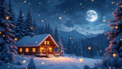 Fototapeta premium Magical Christmas Cabin, Snowfall, Stars, and Moonlit Winter Wonderland