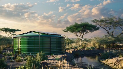Obraz premium Large green plastic storage tank with solar panes connected to a borehole concept for extracting groundwater in locations where pumped water and electricity is not available