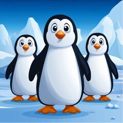 Three adorable penguins standing on ice in a snowy landscape.