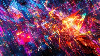 Obraz premium Shattered data shards reflecting neon lights, creating a dynamic and chaotic digital landscape