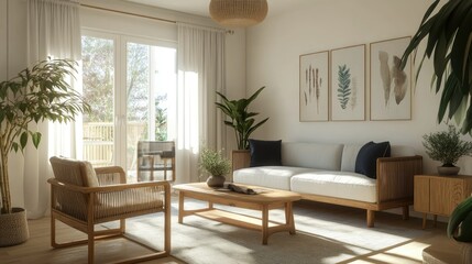 A calming Scandinavian living room with off-white walls, warm wood furniture, and subtle touches of navy and charcoal in the textiles