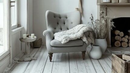 A cozy Scandinavian living room featuring an oversized gray armchair, a wool blanket, and simple decor on a whitewashed wooden floor