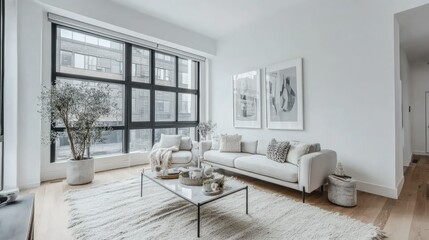 Fototapeta premium A minimalist Scandinavian living room with white walls, light gray furniture, and soft textures like a fluffy rug and throw pillows, framed by large windows
