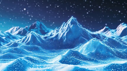 Snowy mountain peaks with digital data dots overlaying the contours, creating a futuristic touch