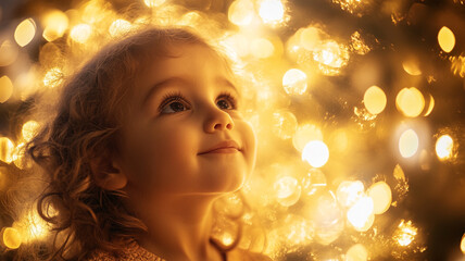 Fototapeta premium Child gazes at glowing lights in a festive setting during the evening