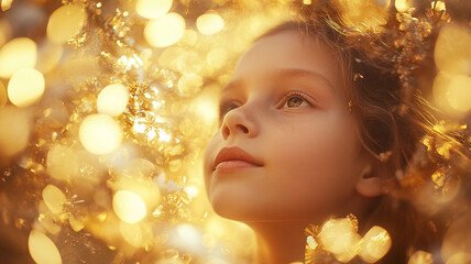 Fototapeta premium Child gazing upward with wonder surrounded by glowing lights in an outdoor setting