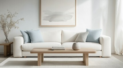 Simple Scandinavian living room with a white sofa, pale blue cushions, and a light oak coffee table, styled with minimal artwork and soft natural light -