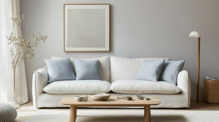 Fototapeta premium Simple Scandinavian living room with a white sofa, pale blue cushions, and a light oak coffee table, styled with minimal artwork and soft natural light -
