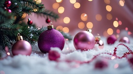Fototapeta premium Purple & Pink Christmas Ornaments with Bokeh Background