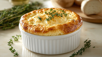 delightful, fluffy souffle served in a round white dish, exuding warmth and comfort, perfect for a cozy and indulgent treat in a beautifully set dining environment
