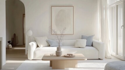 Simple Scandinavian living room with a white sofa, pale blue cushions, and a light oak coffee table, styled with minimal artwork and soft natural light -