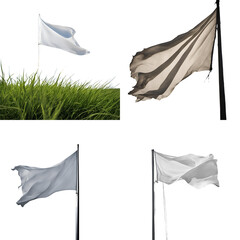 A collection of white flags waving on poles in different natural and isolated settings, symbolizing peace, surrender, or neutrality, perfect for conceptual designs or symbolic themes.