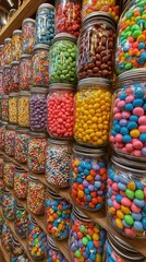 Fototapeta premium Colorful Display of Glass Jars Filled with Various Types of Candy, Showcasing Vibrant Colors and Textures in a Visual Treat for Sweet Lovers