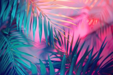 Fototapeta premium Vibrant holographic tropical palm leaves in surreal concept art.