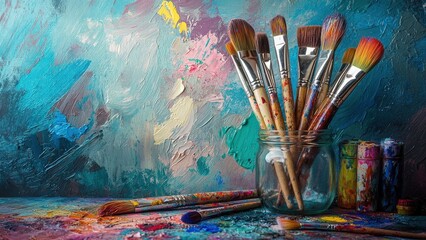 Colorful paintbrushes in a jar with vibrant abstract background