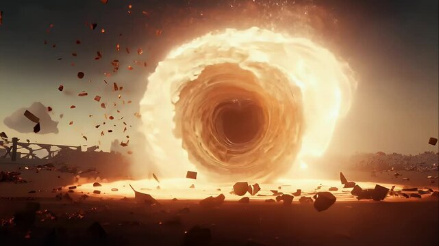 Intense blast effect with a swirling fireball and shockwave, causing pieces of debris to scatter