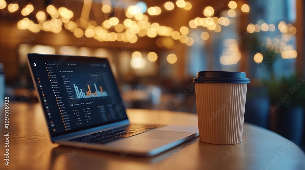 Aufkleber laptop displaying financial data sits on cafe table next to coffee.
