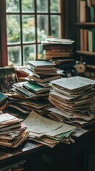 A Cozy and Chaotic Home Office with Stacks of Documents and Papers on a Table Near a Bright Window Surrounded by Greenery, Ideal for Creative Work Inspiration
