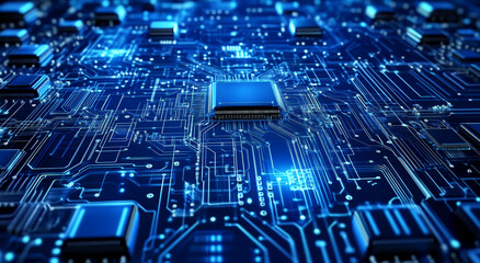 Intricate blue circuit board with microchips and glowing connections illustrating technology and innovation