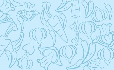 light blue background with line art decoration in the form of kitchen spices for a cooking business background