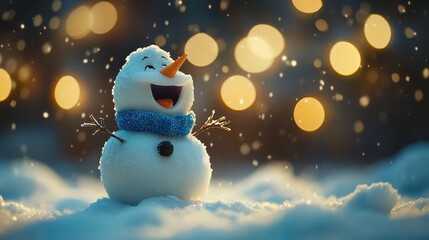 Obraz premium Cheerful Snowman with Blue Scarf Enjoying Snowfall Against Glowing Bokeh Lights in a Winter Wonderland