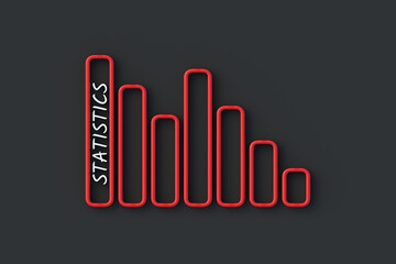 Statistics word and green decrease graph. Business concept. Economic data. Population survey. Negative report. 3d render