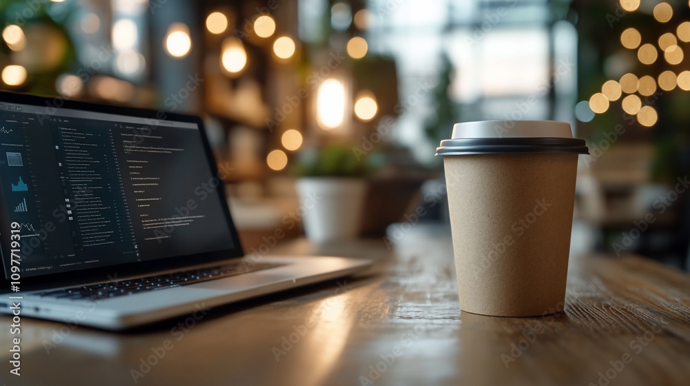 Poster laptop with code and coffee in cafe.
