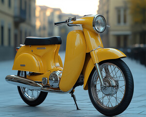 Yellow Vintage Scooter on Urban Street at Sunrise with Classic Design