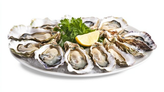 A platter of freshly shucked oysters on the half shell, Each oyster displaying its succulent flesh and briny essence, A luxurious delicacy synonymous with elegance and refinement