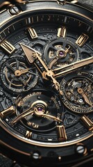 Obraz premium Exquisite Close-up of an Intricate Mechanical Watch with Gold Accents and Detailed Gears Showcasing Precision Timekeeping and Artistic Craftsmanship