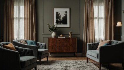 Interior of stylish living room with folding screen, chest of drawers, armchairs and carpet