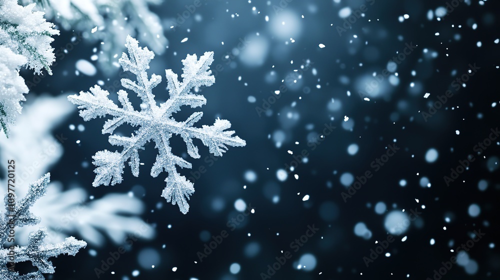 Wall mural close-up of a single snowflake on a snow-covered branch against a dark, bokeh background.