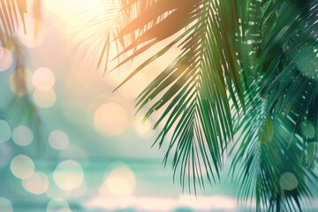 Fototapeta premium Tropical beach with palm leaf sun and waves. Vintage style.