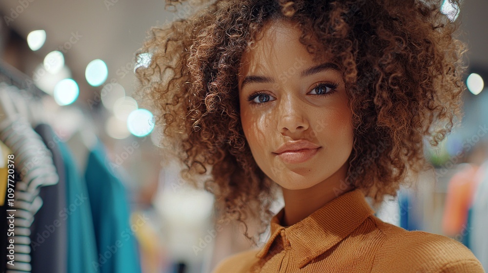 Poster A woman with curly hair is standing in a store, wearing a yellow shirt