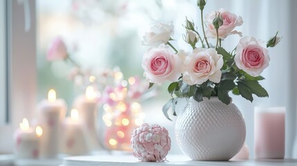 Beautiful Arrangement of Soft Pink Roses in a White Vase with Romantic Candles and Delicate Blossom Ball for Elegant Home Decor and Events