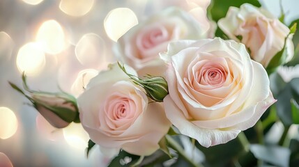 Delicate Soft Pink Roses Against Blurred Lights Creating an Elegant Atmosphere for Romantic Occasions, Weddings, and Floral Arrangements