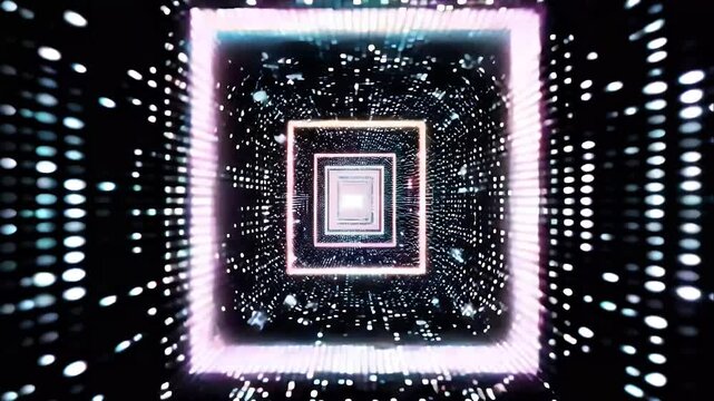 pixel tunnel in high-contrast black and white, with pulsating lights creating a strobe effect