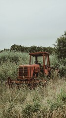 Fototapeta premium Abandoned Red Tractor Surrounded by Tall Grass and Overgrown Shrubs in a Rural Landscape on a Cloudy Day