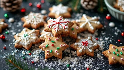 Fototapeta premium High-Angle Shot, Christmas Snowflake Gingerbread Cookies