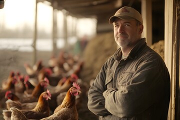 Farmer in Poultry Barn with Chickens
