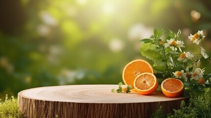 Sunlight illuminates a tree stump surrounded by lush leaves and ripe oranges