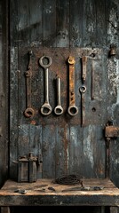 Old and Rusty Tools Hanging on a Weathered Wooden Wall with a Workbench Displaying Vintage Equipment and Accessories for DIY Projects