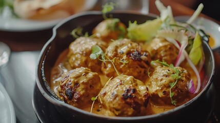 Naklejka premium malai kofta curry classic dish vegetarian alternative to meatballs served with tandoori roti or bread and green salad selective focus