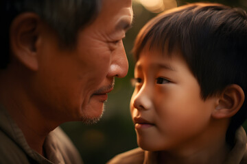Obraz premium Close Up Portrait of Asian Father and Son Looking at Each Other in Park