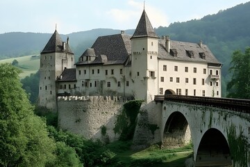 Naklejka premium Medieval Castle with Stone Bridge