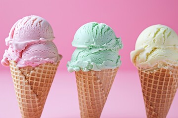 Pastel ice cream in waffle cones  bright background  copy space